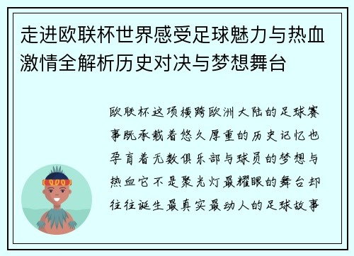 走进欧联杯世界感受足球魅力与热血激情全解析历史对决与梦想舞台